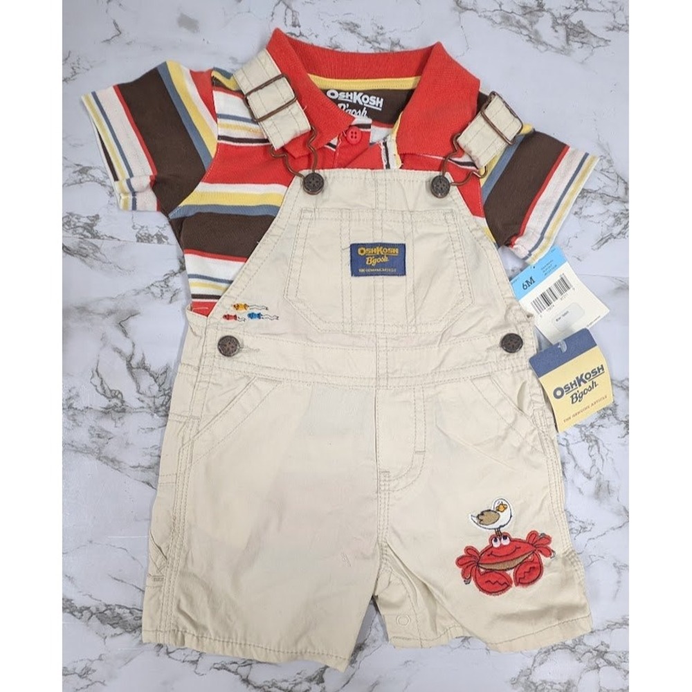 Vintage OshKosh Bgosh Baby 6M Outfit Shirt Overalls Set Crab Applique with Tags